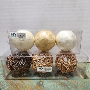 2 sets decorative spheres twig wicker & faux shell balls decor